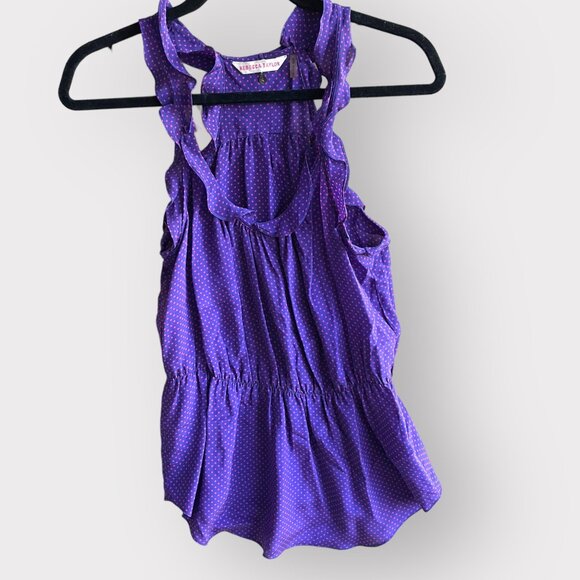 Rebecca Taylor Size 4 Purple Pink 100% Silk Sleeveless Ruffle Polka Dot Shirt - Picture 2 of 8